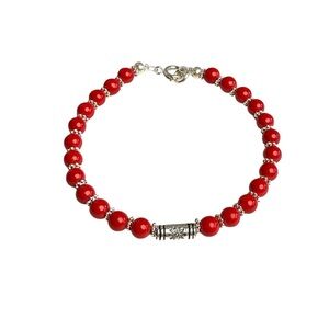 Hand Crafted Red Natural Coral Stone & Silver Tone Beaded Bracelet Size 6.5 NEW